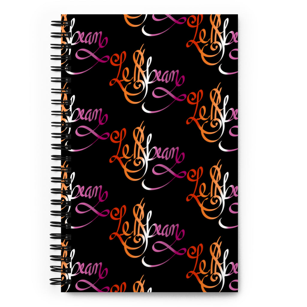 black journal notebook with lgbtqia+ pride flag inspired lesbian sapphic colors (red, orange, white, pink & magenta) Le$bean calligraphy cursive lettering art repeated design